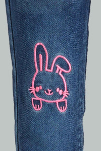 Redtag-Dark-Wash-Denim-Jegging-With-Bunny-Embroidered.-Jeggings-Infant-Girls-3 to 24 Months