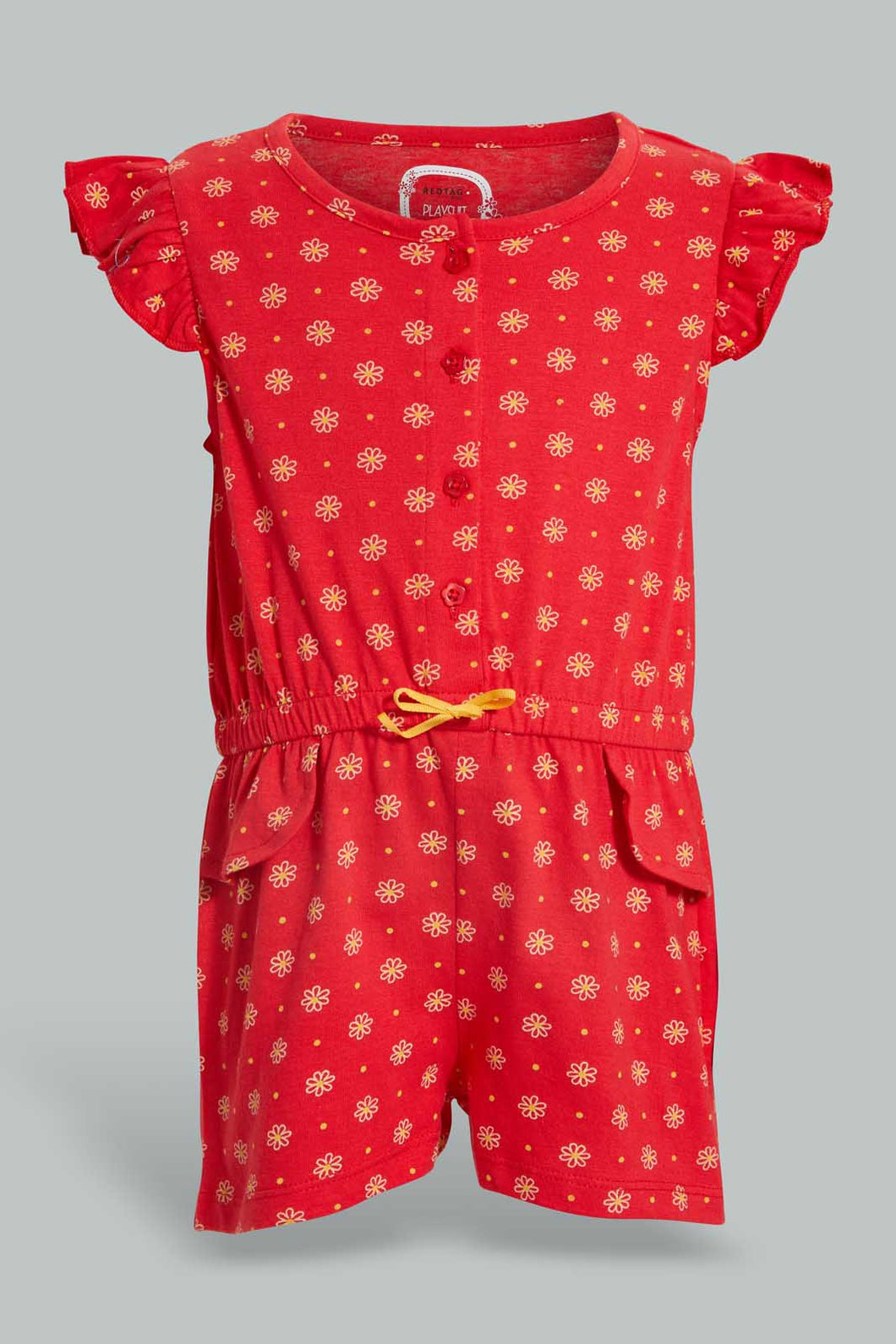 Redtag-Orange-Aop-Playsuit-Jumpsuits-Infant-Girls-3 to 24 Months