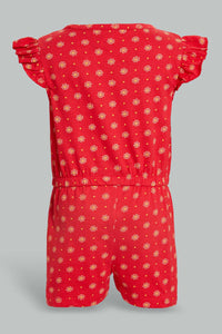 Redtag-Orange-Aop-Playsuit-Jumpsuits-Infant-Girls-3 to 24 Months