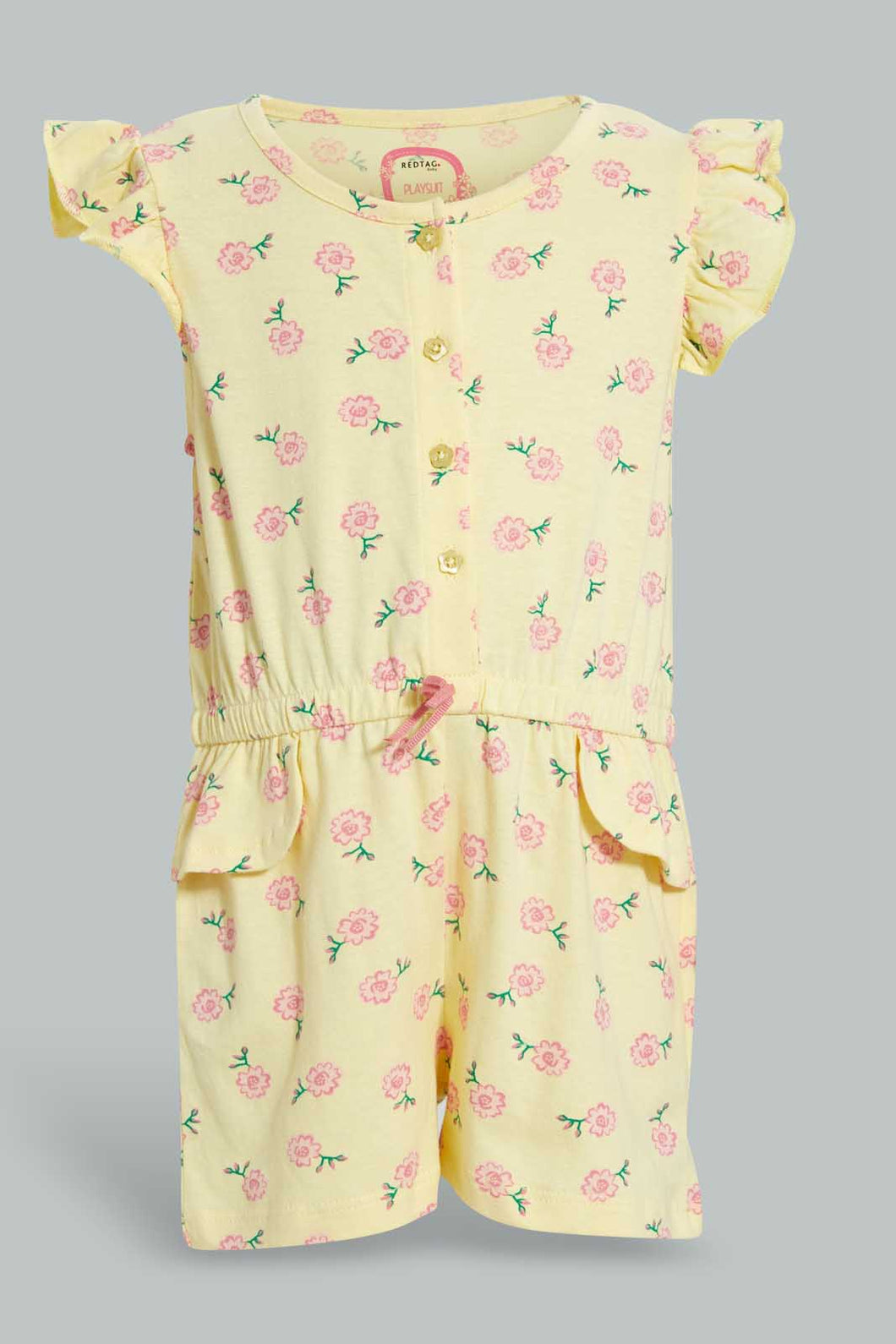 Redtag-Yellow-Aop-Playsuit-Jumpsuits-Infant-Girls-3 to 24 Months