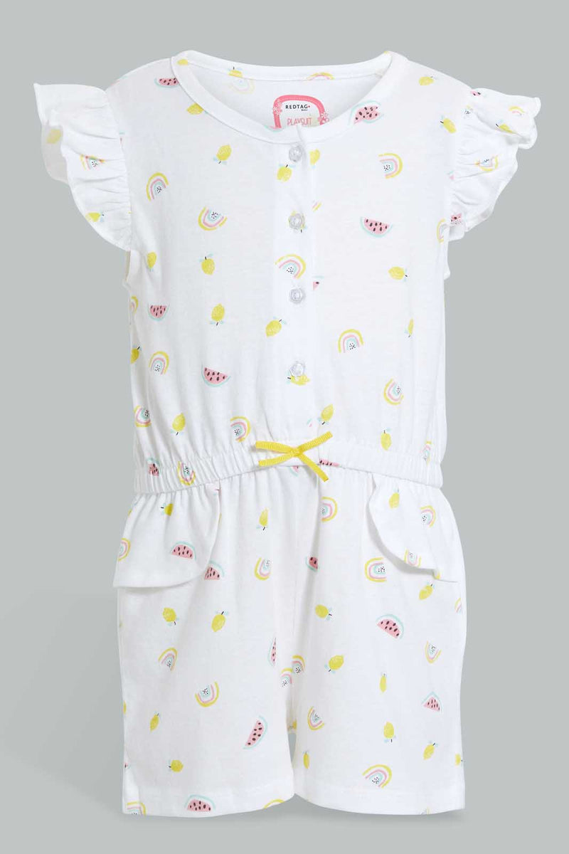 Redtag-White-Aop-Playsuit-Jumpsuits-Infant-Girls-3 to 24 Months