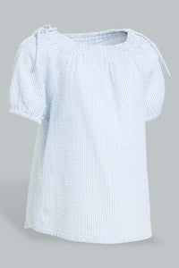 Redtag-Blue-Knotted-Shoulder-Stripped-Blouse-Blouses-Infant-Girls-3 to 24 Months