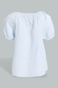Redtag-Blue-Knotted-Shoulder-Stripped-Blouse-Blouses-Infant-Girls-3 to 24 Months