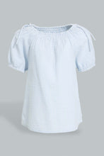تنزيل الصورة على معرض الصور، Redtag-Blue-Knotted-Shoulder-Stripped-Blouse-Blouses-Infant-Girls-3 to 24 Months
