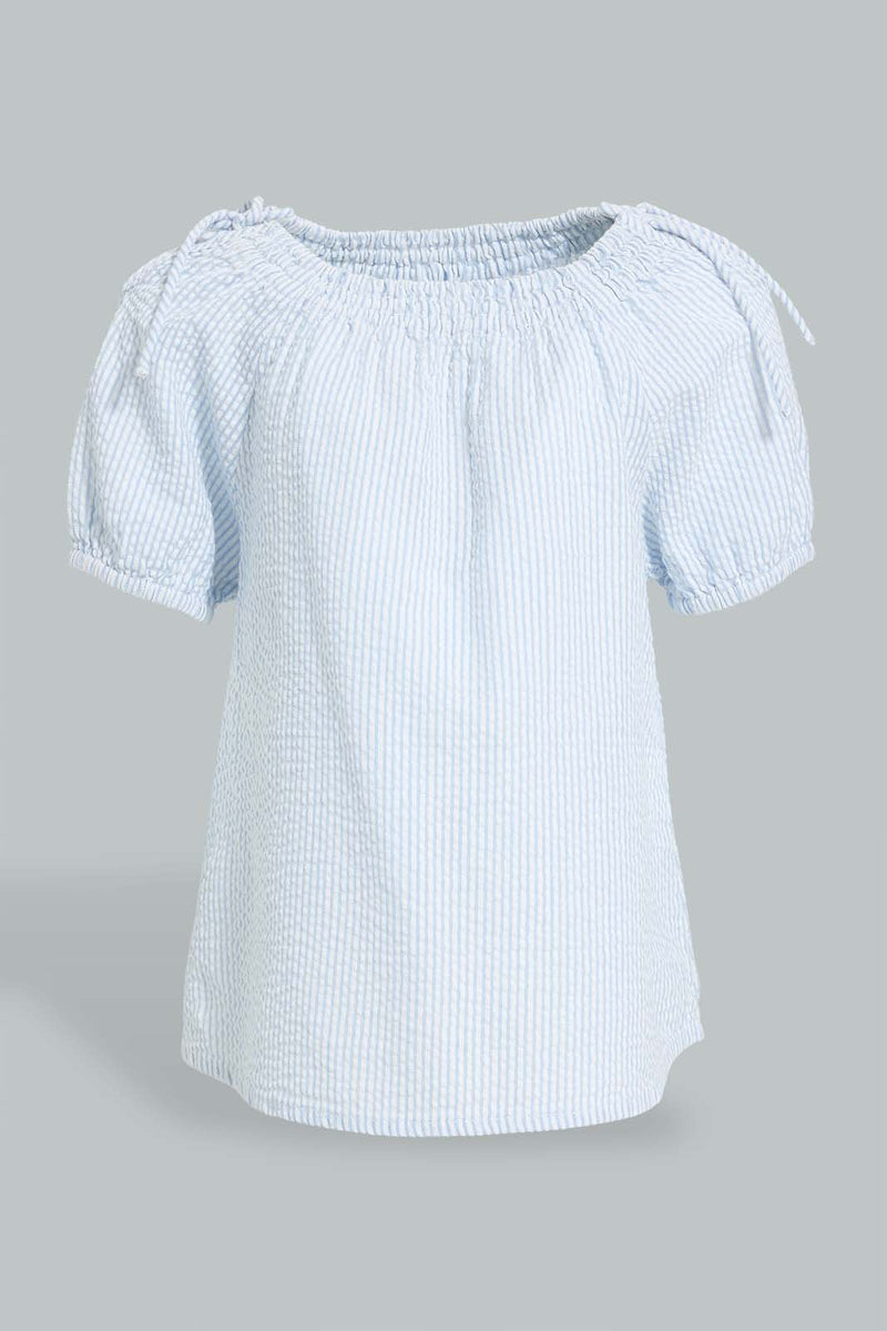 Redtag-Blue-Knotted-Shoulder-Stripped-Blouse-Blouses-Infant-Girls-3 to 24 Months