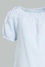 تنزيل الصورة على معرض الصور، Redtag-Blue-Knotted-Shoulder-Stripped-Blouse-Blouses-Infant-Girls-3 to 24 Months
