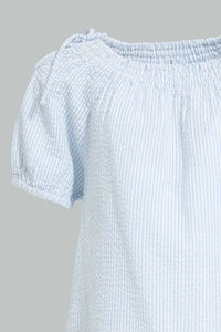 Redtag-Blue-Knotted-Shoulder-Stripped-Blouse-Blouses-Infant-Girls-3 to 24 Months