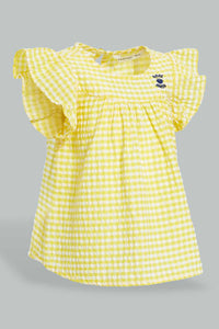 Redtag-Yelow-Frilled-Sleeves-Checkered-Blouse-Blouses-Infant-Girls-3 to 24 Months