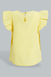 Redtag-Yelow-Frilled-Sleeves-Checkered-Blouse-Blouses-Infant-Girls-3 to 24 Months