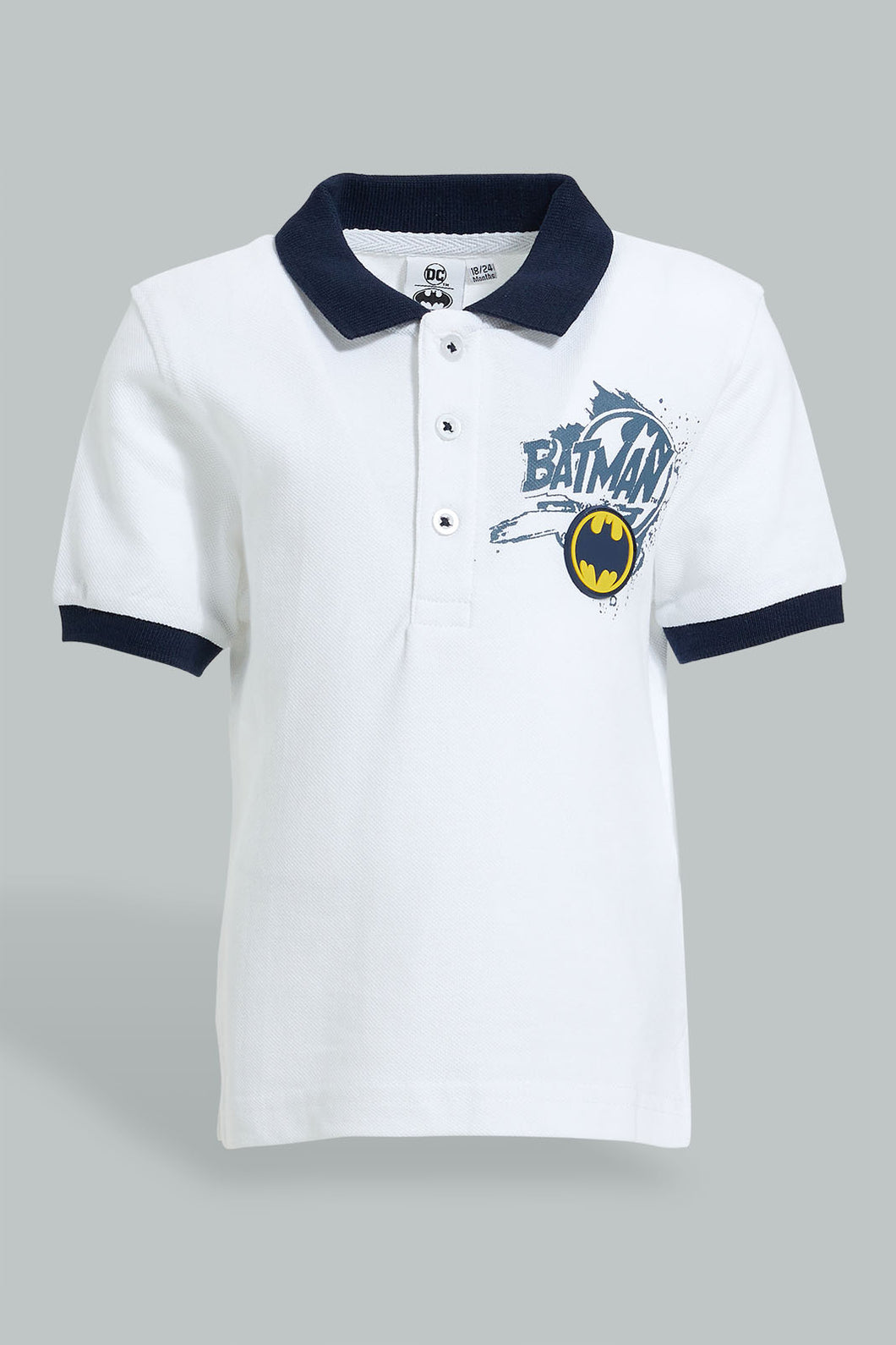 Redtag-White-Batman-Pique-Polo-Character,-Colour:White,-Filter:Infant-Boys-(3-to-24-Mths),-Infant-Boys-T-Shirts,-New-In,-New-In-INB,-Non-Sale,-S22B,-Section:Kidswear,-TBL-Infant-Boys-3 to 24 Months