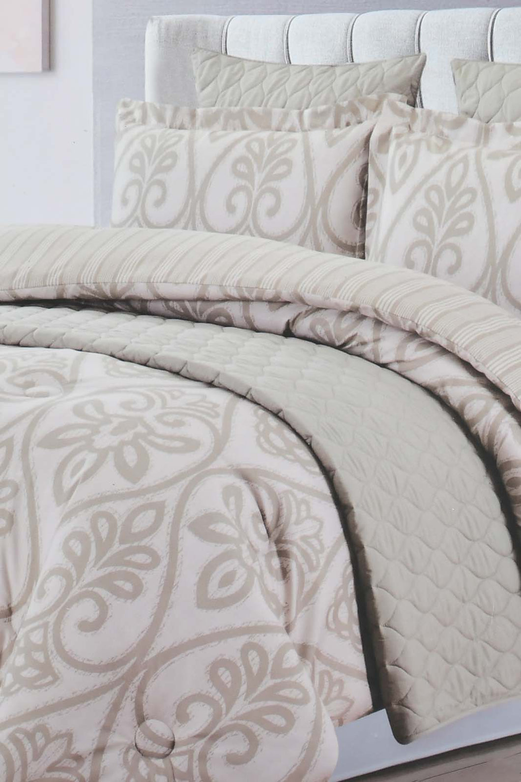 Redtag-Grey-Damask-Print-6-Piece-Comforter-Set-(Double-Size)-Comforters-Home-Bedroom-
