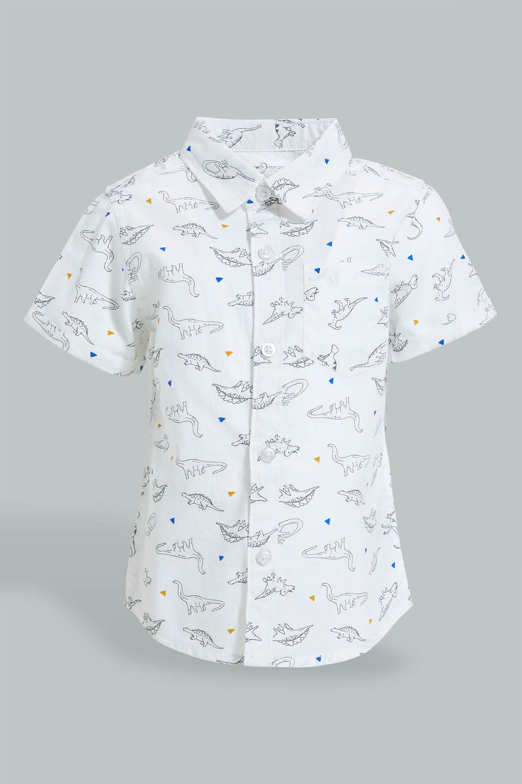 Redtag-White-Dino-Printed-Short-Sleeve-Shirt-Colour:White,-Filter:Infant-Boys-(3-to-24-Mths),-Infant-Boys-Shirts,-New-In,-New-In-INB,-Non-Sale,-S22B,-Section:Kidswear,-TBL-Infant-Boys-3 to 24 Months