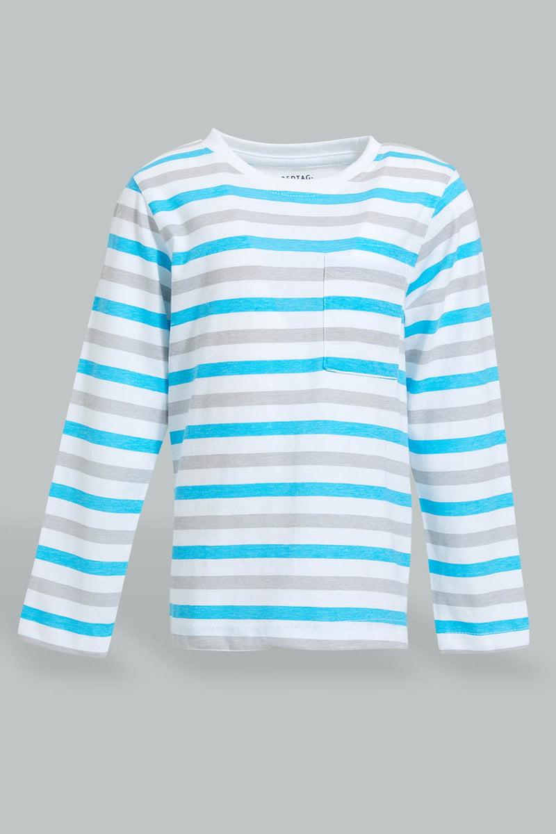 Redtag-Green-White-And-Grey-Striped-Long-Sleeve-T-Shirt-Long-Sleeves-Infant-Boys-3 to 24 Months