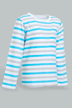 Load image into Gallery viewer, Redtag-Green-White-And-Grey-Striped-Long-Sleeve-T-Shirt-Long-Sleeves-Infant-Boys-3 to 24 Months
