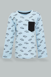 Redtag-Blue-Car-Printed-Long-Sleeve-T-Shirt-Long-Sleeves-Infant-Boys-3 to 24 Months