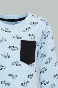 Redtag-Blue-Car-Printed-Long-Sleeve-T-Shirt-Long-Sleeves-Infant-Boys-3 to 24 Months