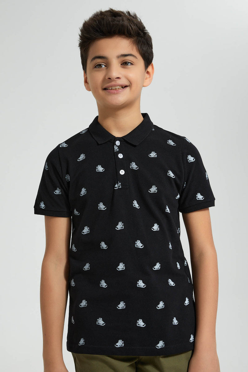 Redtag-Black-Sneakers-Aop-Aop-Polo-Polo-Shirts-Senior-Boys-9 to 14 Years