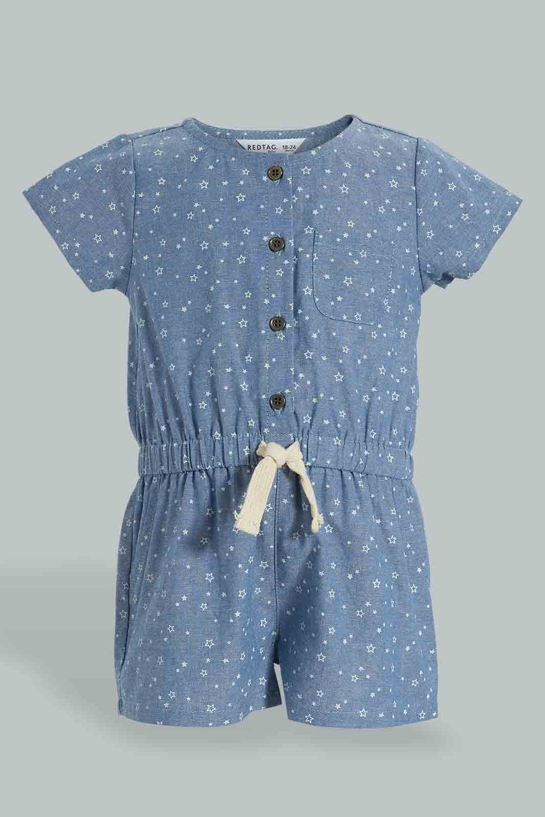 Redtag-Blue-Cpa-Sleeves-Printed-Chambray-Dungree-Jumpsuits-Infant-Girls-3 to 24 Months