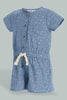 Redtag-Blue-Cpa-Sleeves-Printed-Chambray-Dungree-Jumpsuits-Infant-Girls-3 to 24 Months