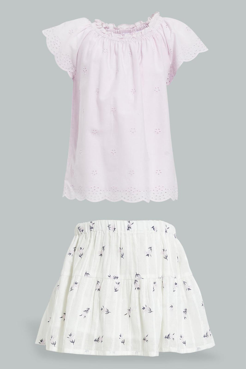 Redtag-Lilac-Schiffly-Top-With-Lino-Dobby-Skirt-Colour:Lilac,-Filter:Infant-Girls-(3-to-24-Mths),-Infant-Girls-Sets,-New-In,-New-In-ING,-Non-Sale,-S22B,-Section:Kidswear-Infant-Girls-3 to 24 Months