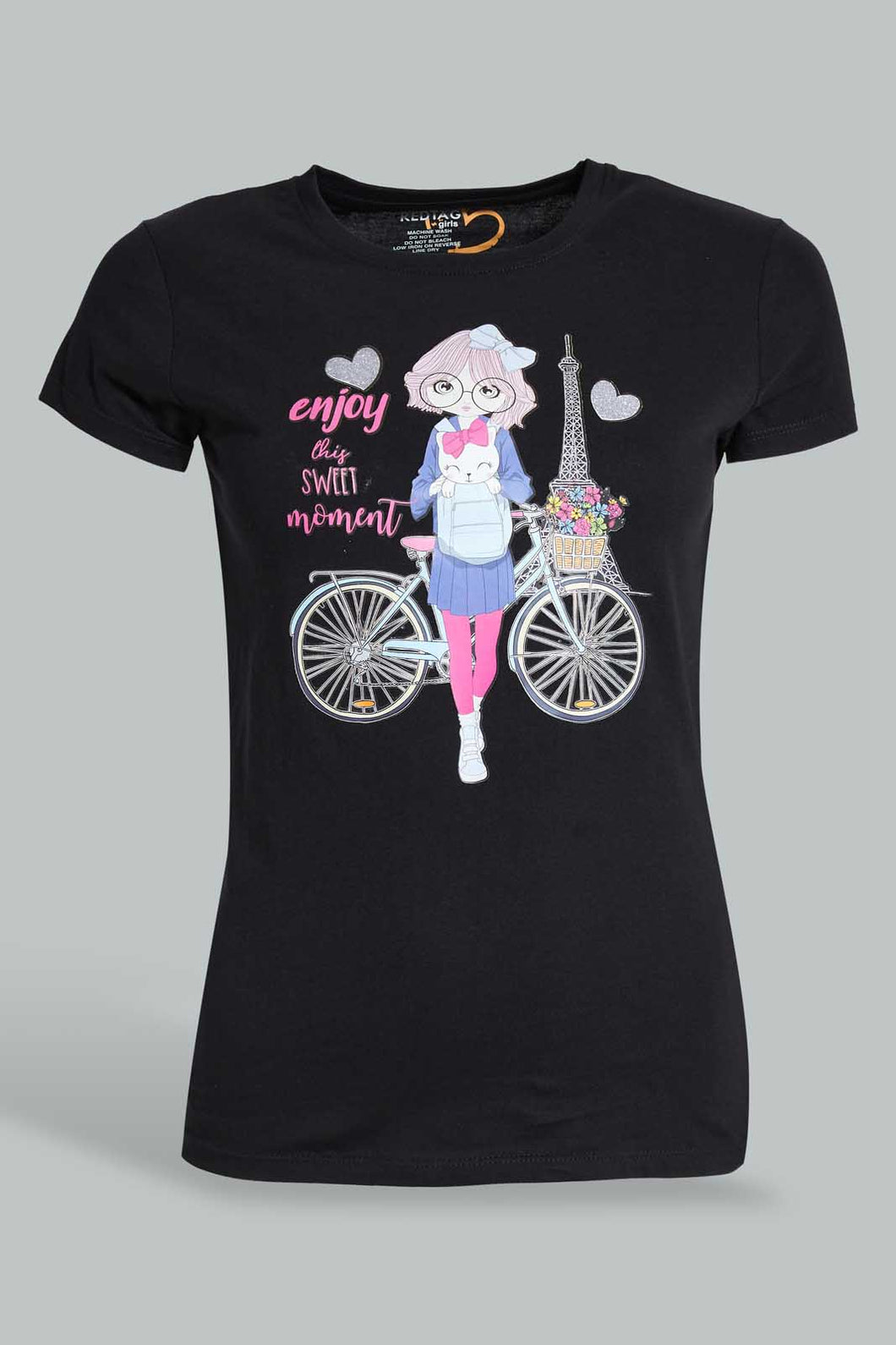 Redtag-Black-Graphic-T-Shirt-Cropped-Tops-Senior-Girls-9 to 14 Years