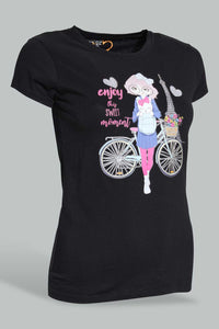 Redtag-Black-Graphic-T-Shirt-Cropped-Tops-Senior-Girls-9 to 14 Years