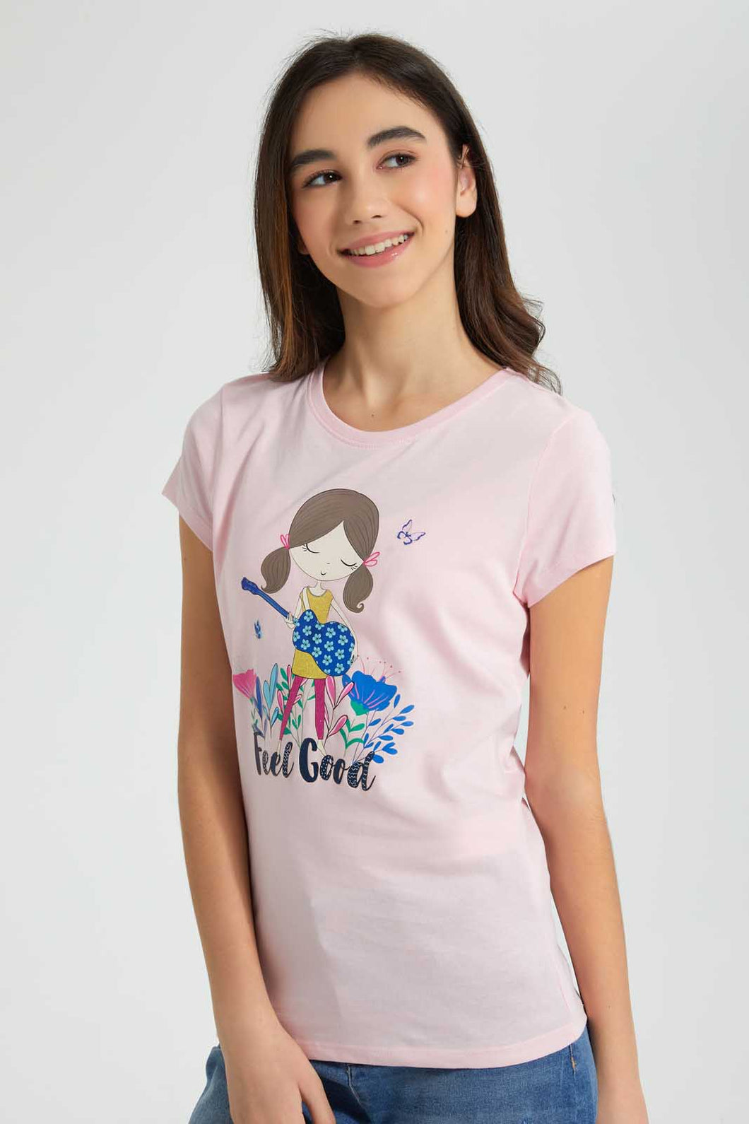 Redtag-Pink-Graphic-T-Shirt-Cropped-Tops-Senior-Girls-9 to 14 Years
