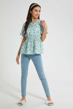 Load image into Gallery viewer, Redtag-Mint-Floral-Peplum-Top-Blouses-Senior-Girls-9 to 14 Years
