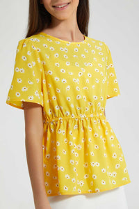 Redtag-Yellow-Floral-Peplum-Top-Blouses-Senior-Girls-9 to 14 Years