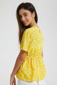 Redtag-Yellow-Floral-Peplum-Top-Blouses-Senior-Girls-9 to 14 Years