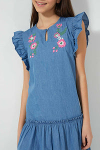 Redtag-Dk-Wash-Embroidered-Denim-Dress-Dresses-Senior-Girls-9 to 14 Years