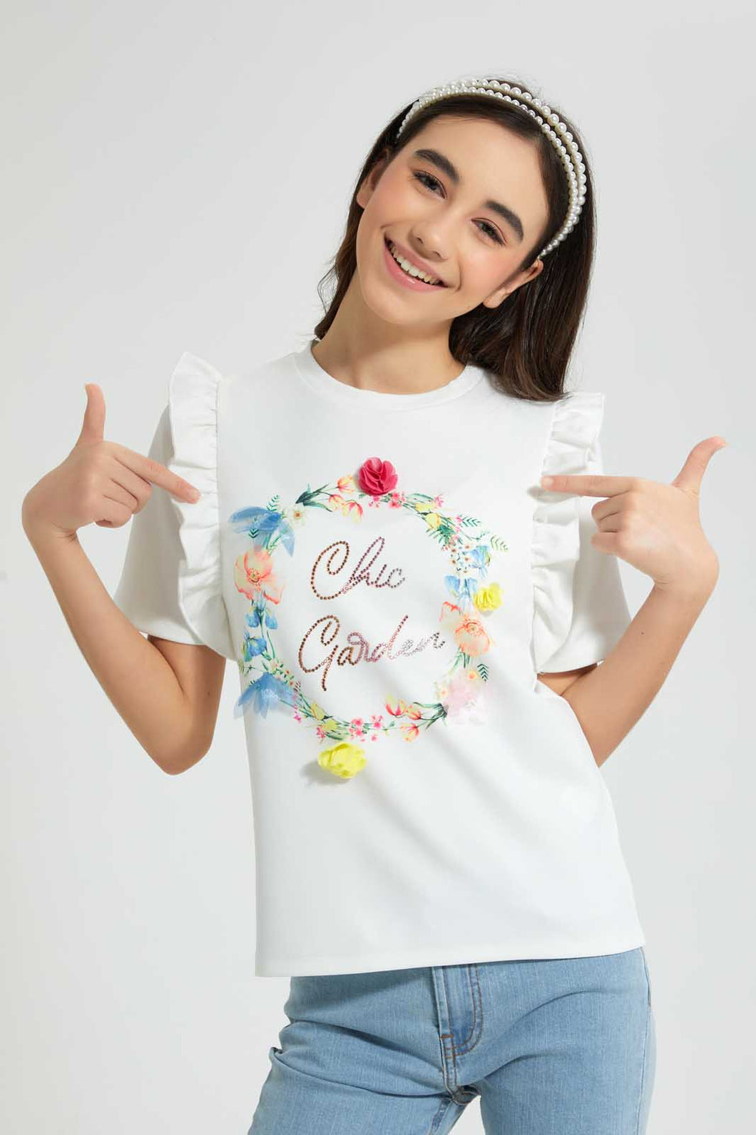 Redtag-White-Frills-Sleeve-Top-Embellished-Senior-Girls-9 to 14 Years