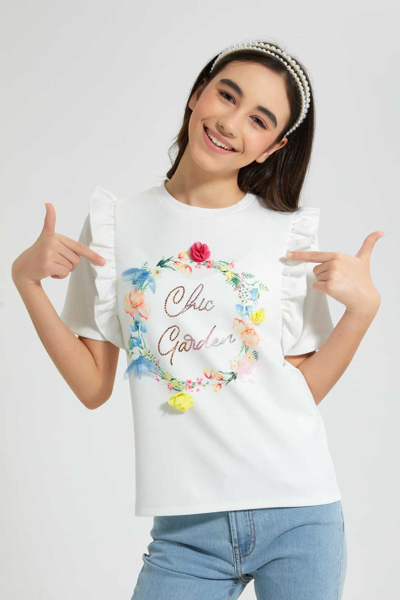 Redtag-White-Frills-Sleeve-Top-Embellished-Senior-Girls-9 to 14 Years