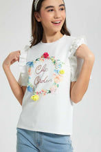 Load image into Gallery viewer, Redtag-White-Frills-Sleeve-Top-Embellished-Senior-Girls-9 to 14 Years
