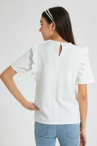 Redtag-White-Frills-Sleeve-Top-Embellished-Senior-Girls-9 to 14 Years