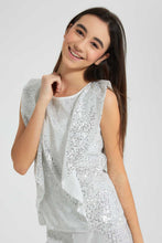 Load image into Gallery viewer, Redtag-Silver-Sequin-Ruffled-Front-Top-Embellished-Senior-Girls-9 to 14 Years
