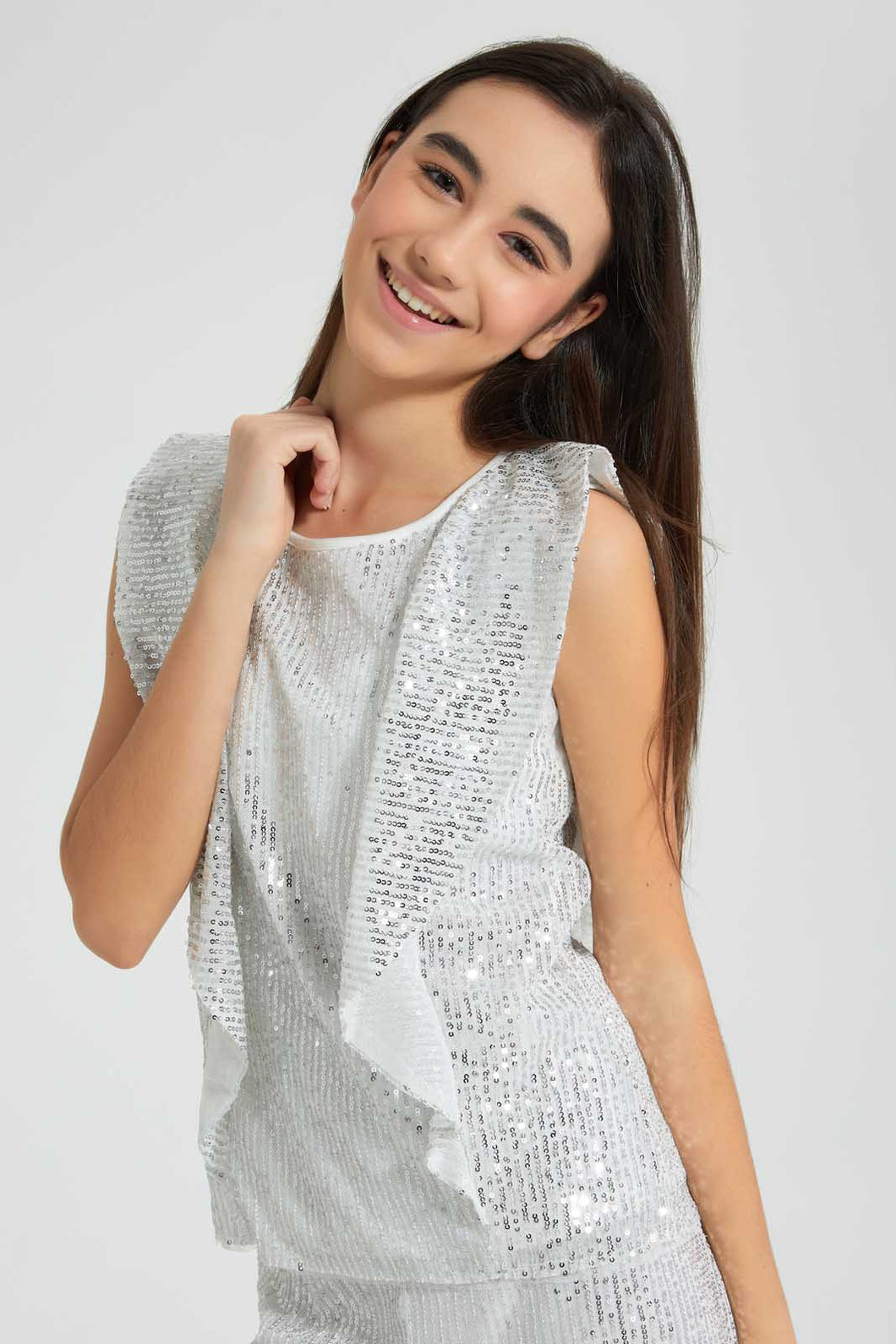 Redtag-Silver-Sequin-Ruffled-Front-Top-Embellished-Senior-Girls-9 to 14 Years