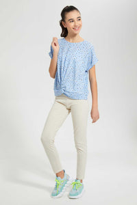 Redtag-Light-Blue-Floral-Extended-Front-Tie-Jacquard-Top-All-Over-Prints-Senior-Girls-9 to 14 Years