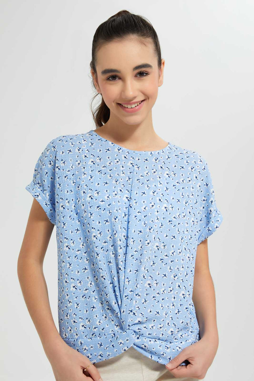 Redtag-Light-Blue-Floral-Extended-Front-Tie-Jacquard-Top-All-Over-Prints-Senior-Girls-9 to 14 Years