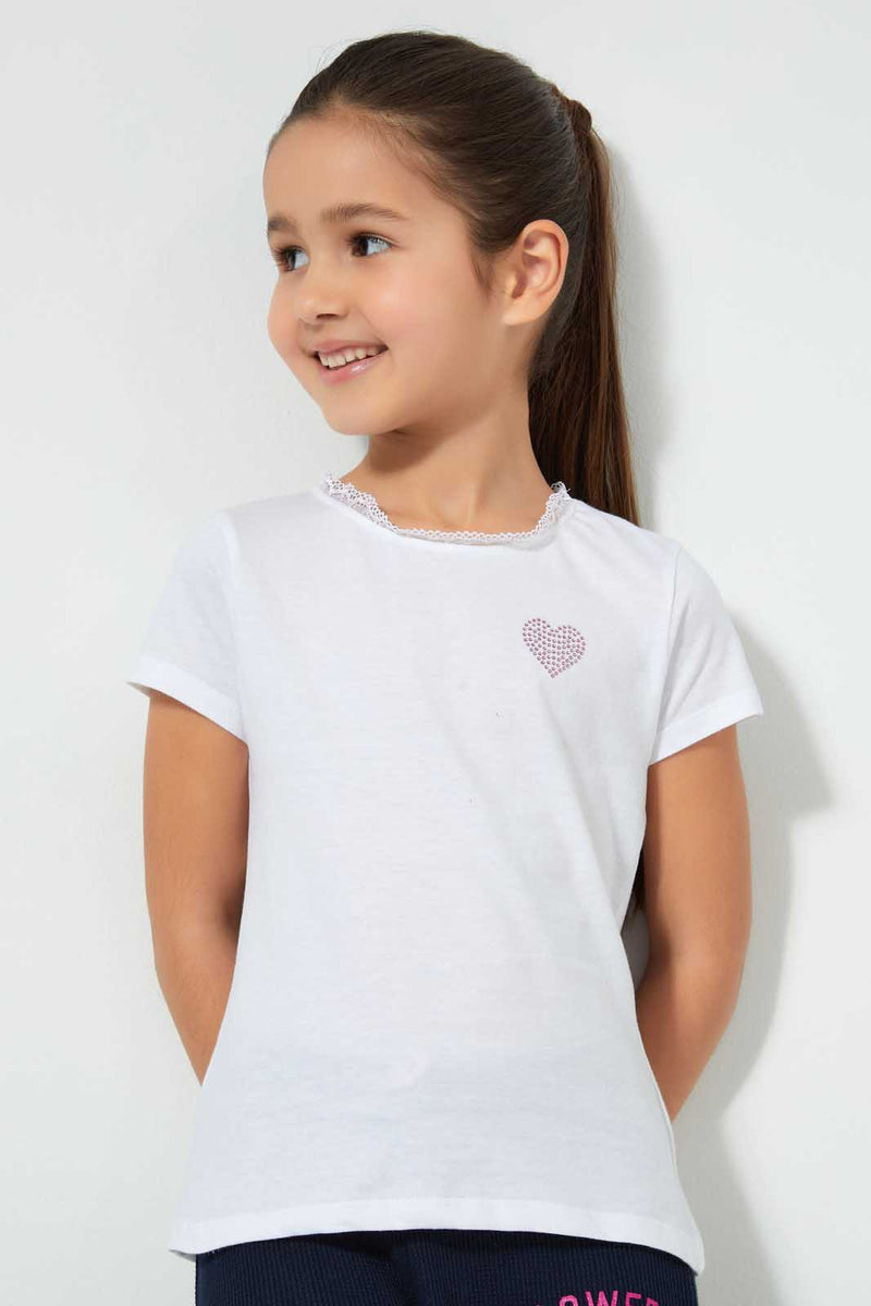 Redtag-White-Lace-Neck-Plain-T-Shirt-Plain-Girls-2 to 8 Years