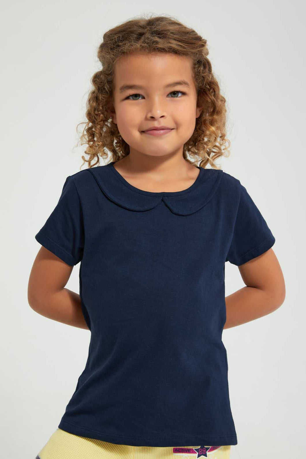 Redtag-Navy-Collar-Plain-Tee-Blouses-Girls-2 to 8 Years