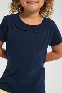 Redtag-Navy-Collar-Plain-Tee-Blouses-Girls-2 to 8 Years