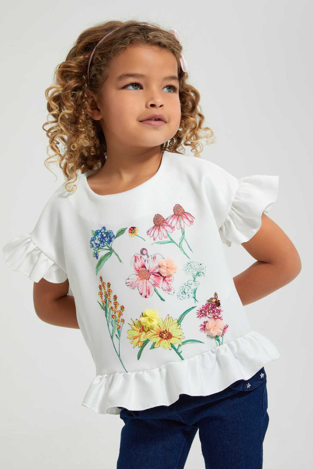Redtag-Ivory-Floral-Printed-Blouse-Blouses-Girls-2 to 8 Years
