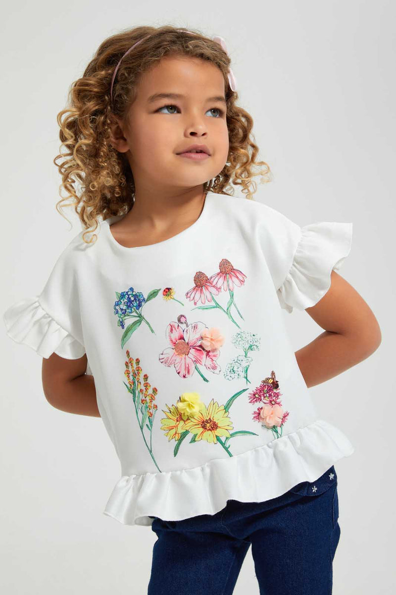 Redtag-Ivory-Floral-Printed-Blouse-Blouses-Girls-2 to 8 Years