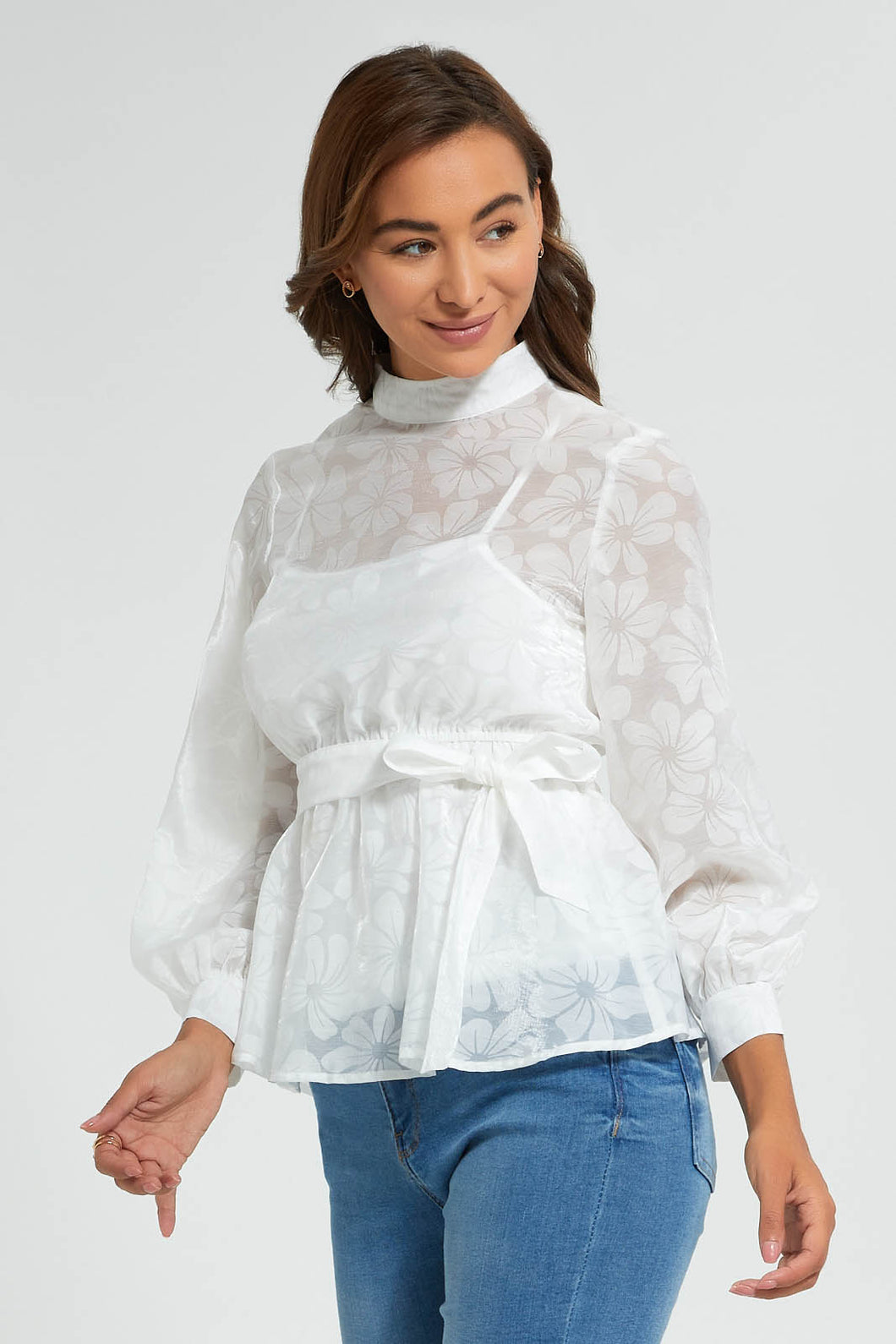 Redtag-White-Organza-Jacquard-Belted-Blouse-Blouses-Women's-0