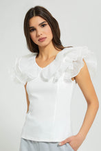 Load image into Gallery viewer, Redtag-White-Ruffle-Neck-And-Sleeve-Top-Tops-Women&#39;s-
