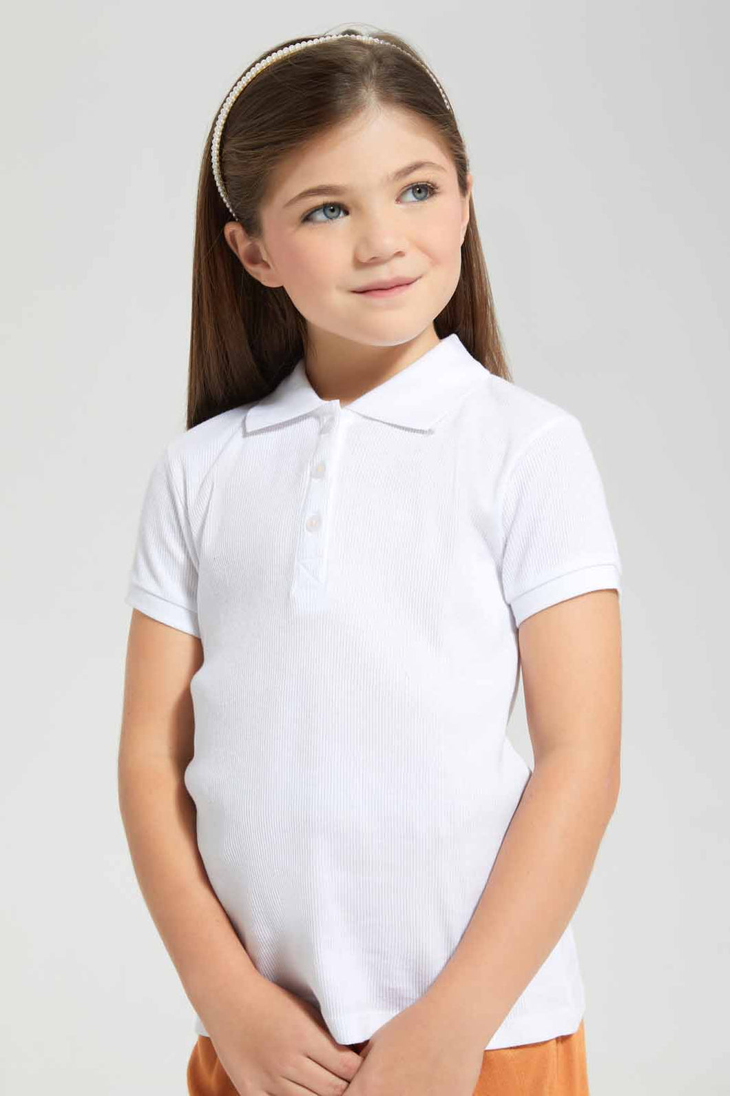 Redtag-White-Drop-Needle-Polo-Tee-Category:T-Shirts,-Colour:White,-Filter:Girls-(2-to-8-Yrs),-GIR-T-Shirts,-New-In,-New-In-GIR-APL,-Non-Sale,-S22B,-Section:Kidswear,-TBL-Girls-