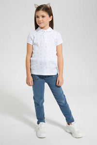 Redtag-White-Aop-Polo-Tee-Category:T-Shirts,-Colour:White,-Filter:Girls-(2-to-8-Yrs),-GIR-T-Shirts,-New-In,-New-In-GIR-APL,-Non-Sale,-S22B,-Section:Kidswear,-TBL-Girls-