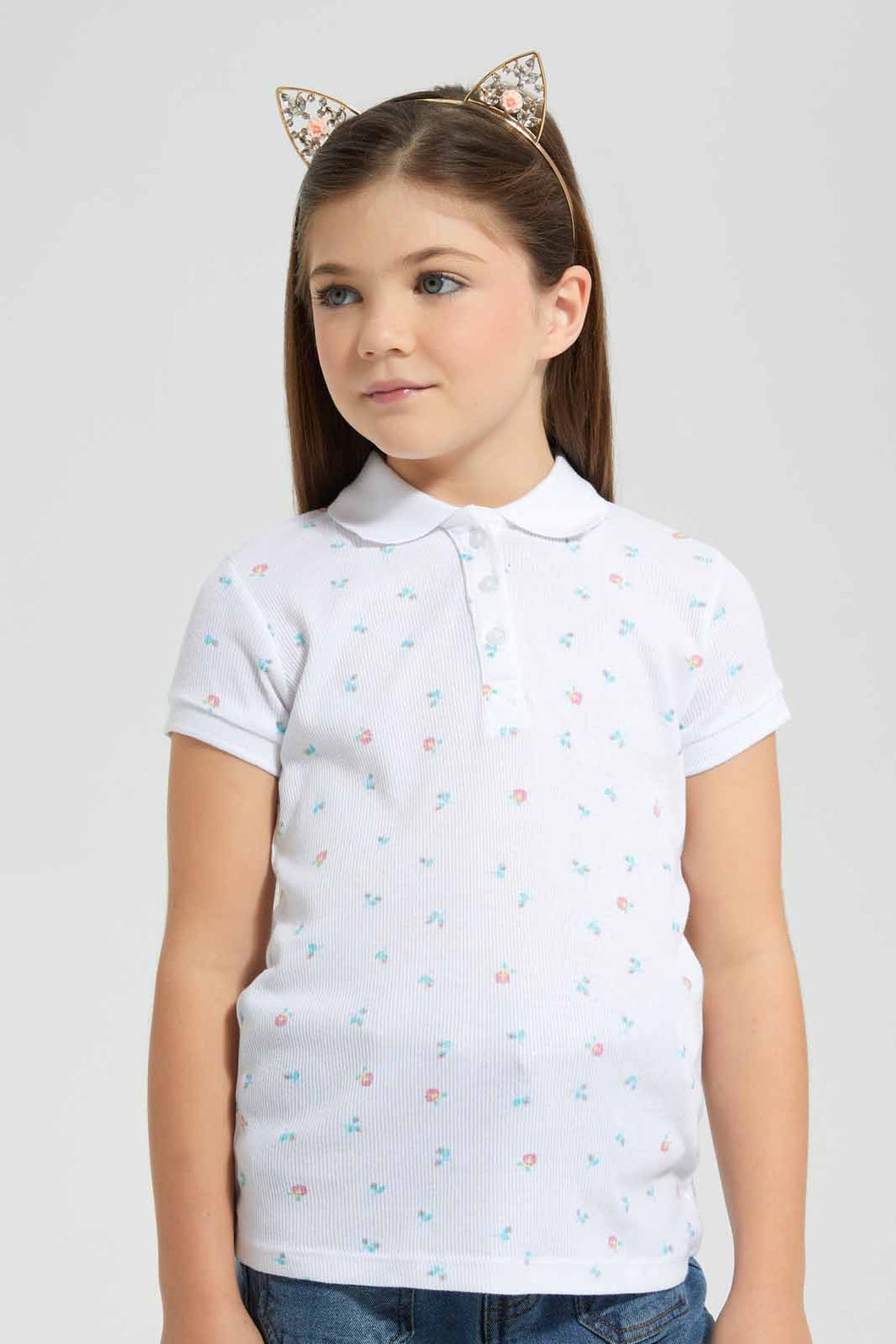 Redtag-White-Aop-Polo-Tee-Category:T-Shirts,-Colour:White,-Filter:Girls-(2-to-8-Yrs),-GIR-T-Shirts,-New-In,-New-In-GIR-APL,-Non-Sale,-S22B,-Section:Kidswear,-TBL-Girls-