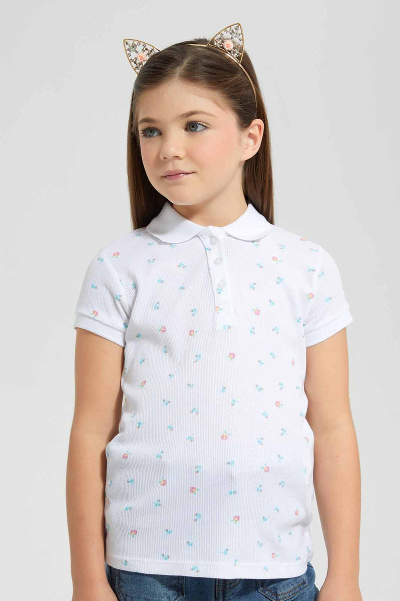 Redtag-White-Aop-Polo-Tee-Category:T-Shirts,-Colour:White,-Filter:Girls-(2-to-8-Yrs),-GIR-T-Shirts,-New-In,-New-In-GIR-APL,-Non-Sale,-S22B,-Section:Kidswear,-TBL-Girls-